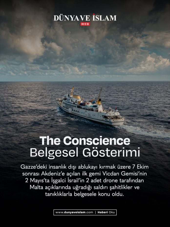 The Conscience Belgeseli tanıtım afişi; denizde ilerleyen Vicdan Gemisi’nin yer aldığı görsel ve üzerinde belgesel gösterimine dair bilgilendirici metin.